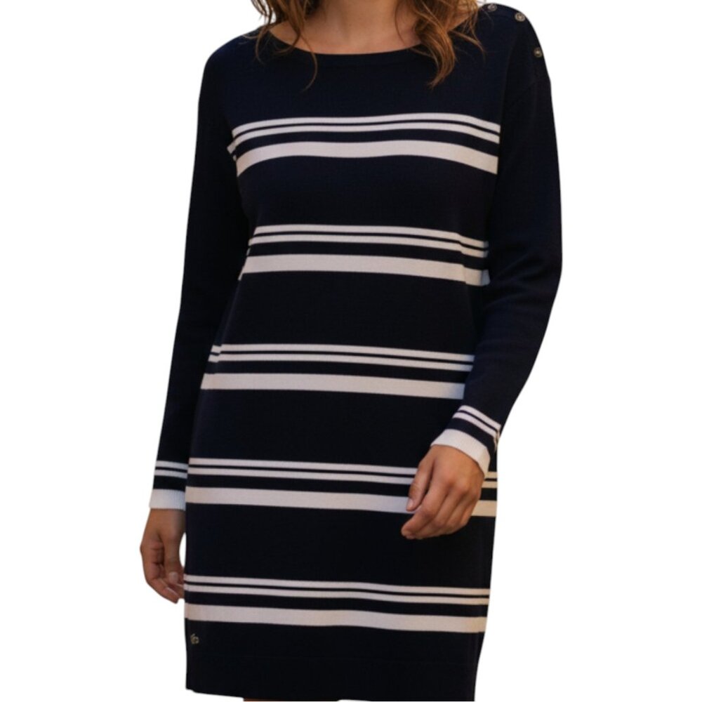 LACOSTE Navy and Cream Stripe Long Sleeve Dress - Size S (34)
